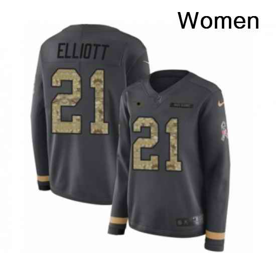 Womens Nike Dallas Cowboys 21 Ezekiel Elliott Limited Black Salute to Service Therma Long Sleeve NFL Jersey